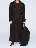 Women's Faux Suede Belted Trench Coat - Long Double-Breasted Windbreaker, Brown or Leopard Print, S-XL - Amora