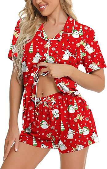 Women's Lapel Pyjama Set - Short Sleeve Top and Shorts Loungewear, Thirteen Patterns, XS-3XL - Amora
