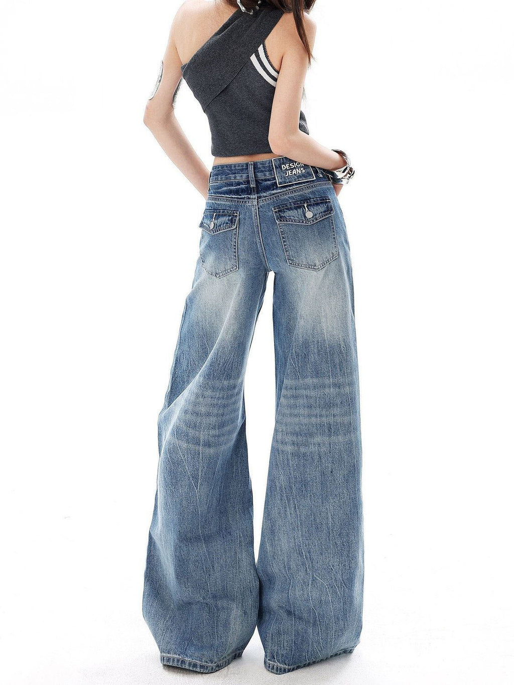 Women's Washed Flared Jeans - High Waisted Wide Leg Denim, Vintage Blue, S-4XL - Amora