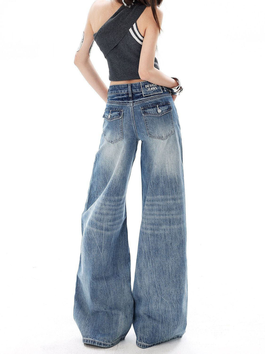 Women's Washed Flared Jeans - High Waisted Wide Leg Denim, Vintage Blue, S-4XL - Amora