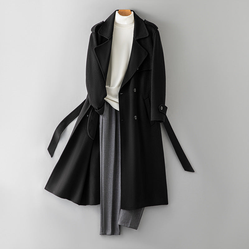 Wool Coat - Double-Breasted Reversible Longline Overcoat, Black or Olive Green, L-4XL - Amora