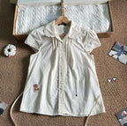 Women's Doll Collar Lace Trim Top - Cropped Short Sleeve Cotton Blouse, Brown or Beige, One Size - Amora