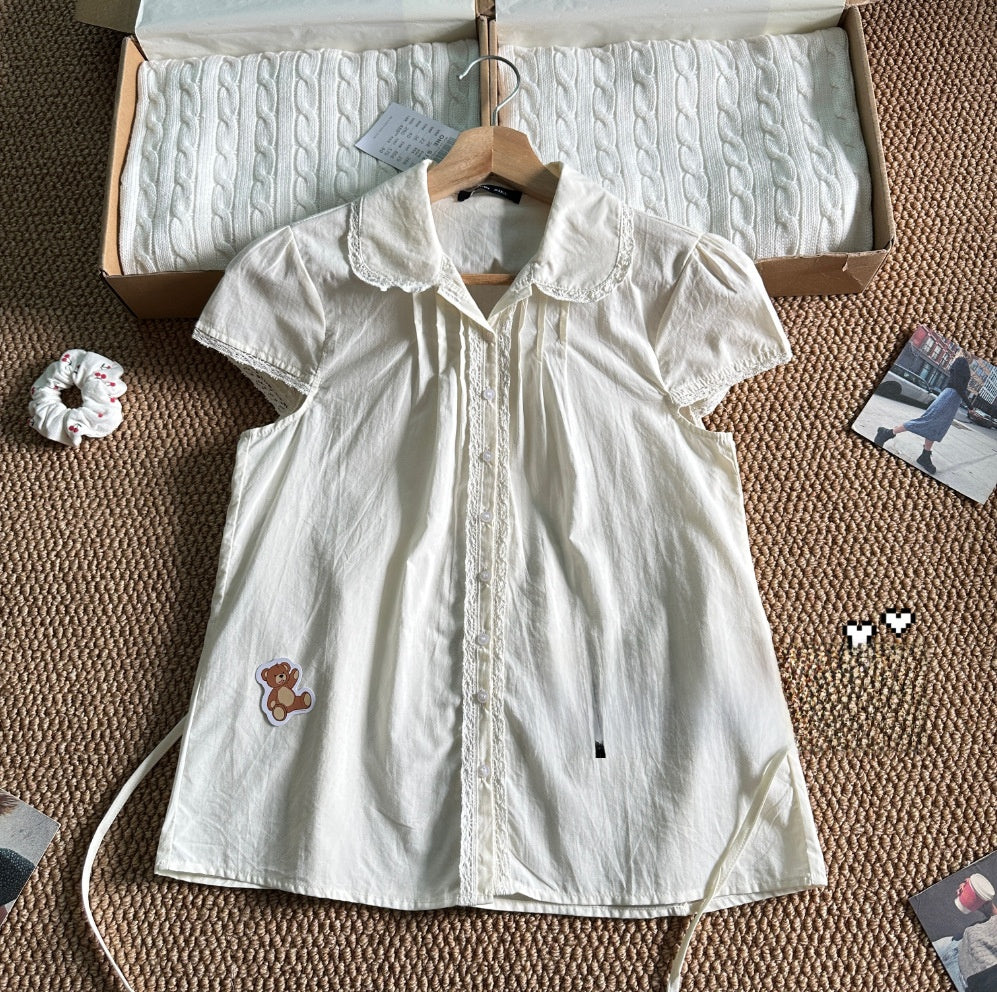 Women's Doll Collar Lace Trim Top - Cropped Short Sleeve Cotton Blouse, Brown or Beige, One Size - Amora