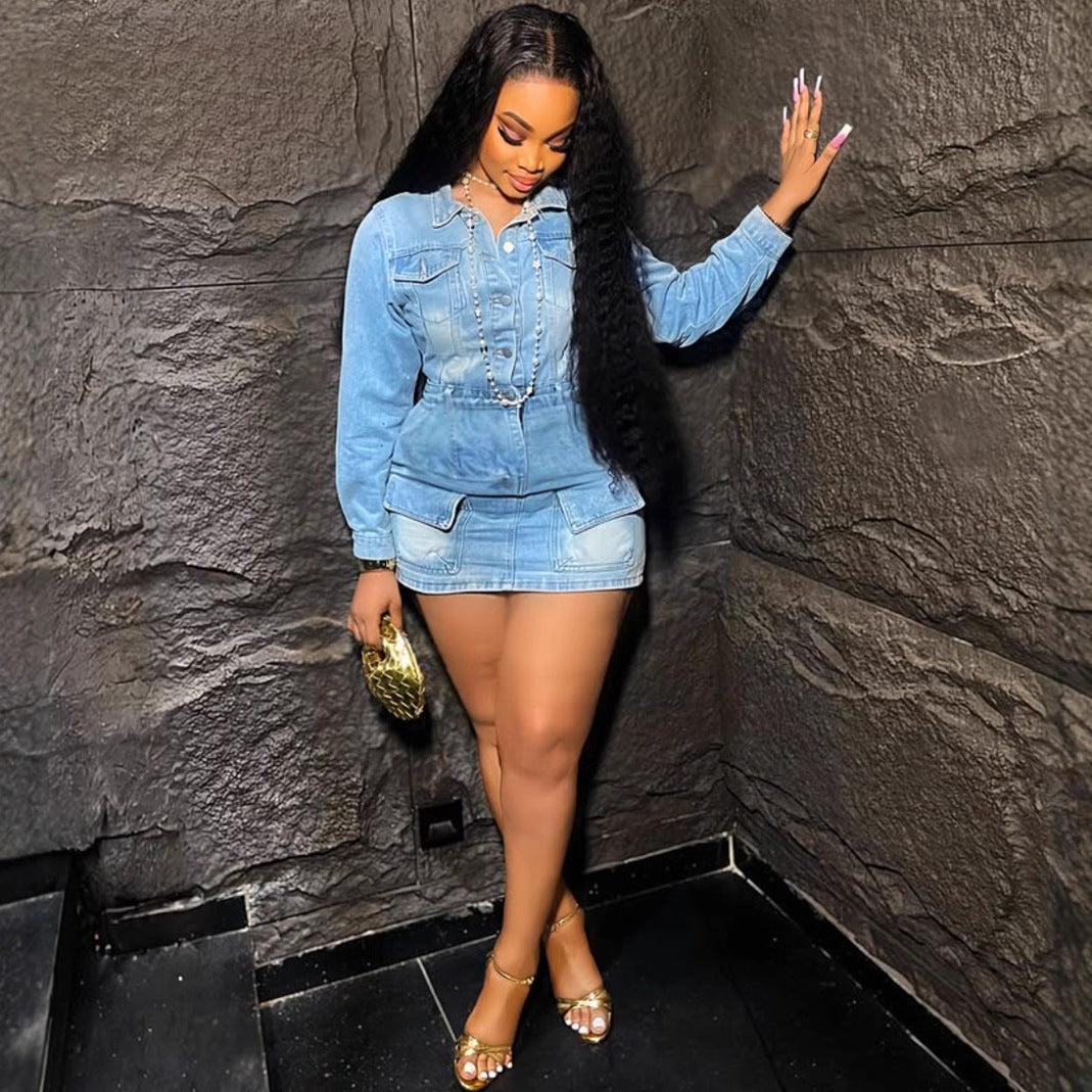 Women's Stretch Denim Dress - Washed Stand Collar Short Dress with Pockets, Sky Blue or Grey, S-3XL - Amora