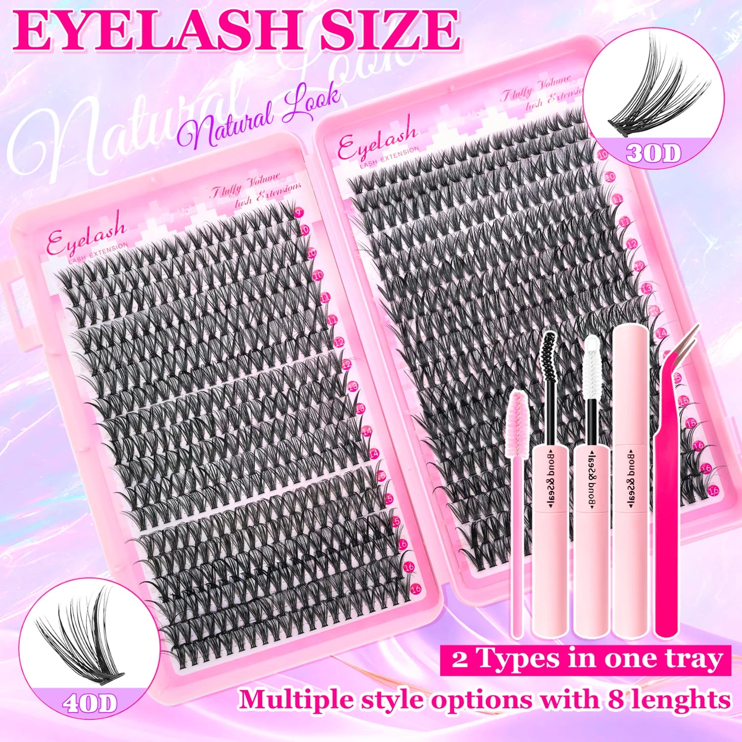720/200Pcs Eyelash Extension Kit Fluffy Eyelash Extension Kit with Lash Bond and Seal Lash Tweezers Thick Lash Clusters Wispy