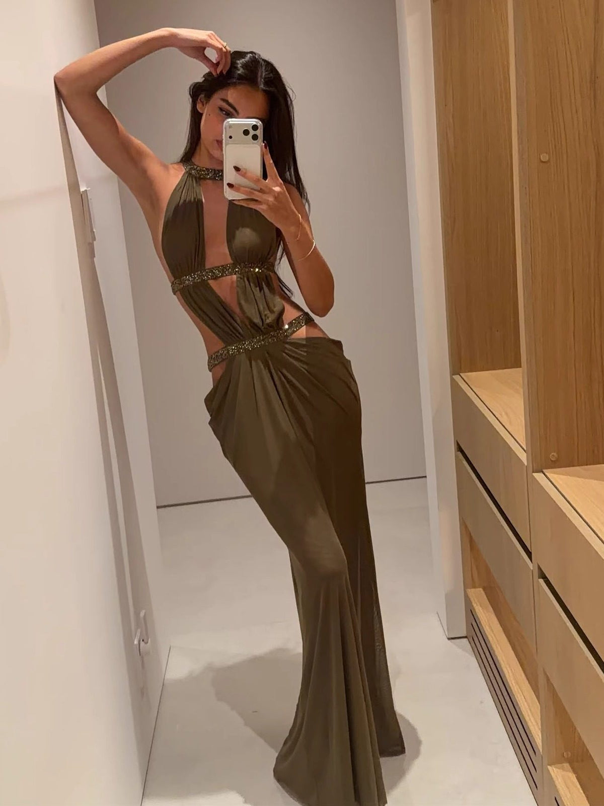 Women's Rhinestone Halter Neck Maxi Dress - Backless Cut-Out Bodycon Dress, Light Brown or Purple, XS-L - Amora