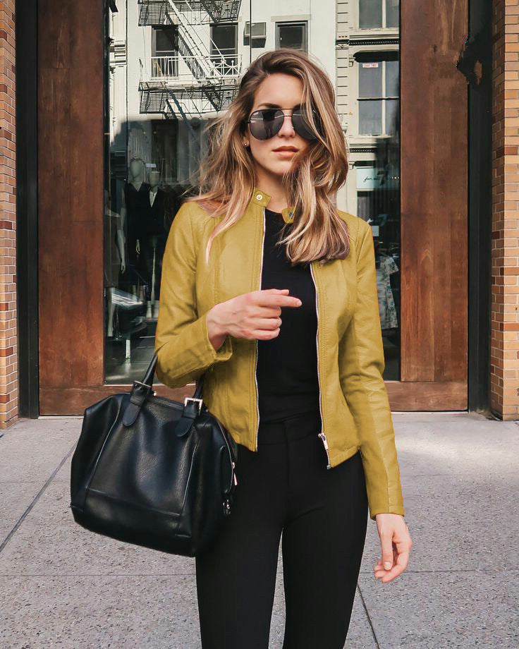 Women's Faux Leather Jacket - PU Stand Collar Slim Fit Blazer Jacket, Twelve Colours, S-5XL - Amora