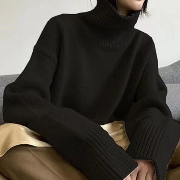 Women's Wool Blend Turtleneck Sweater - Thick Loose Knit Winter Pullover, Camel, Navy & Grey, XS-XL - Amora