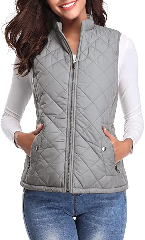 Women's Quilted Stand Collar Vest - Padded Zip-Up Gilet with Flap Pockets, Fifteen Colours, S-XXL - Amora