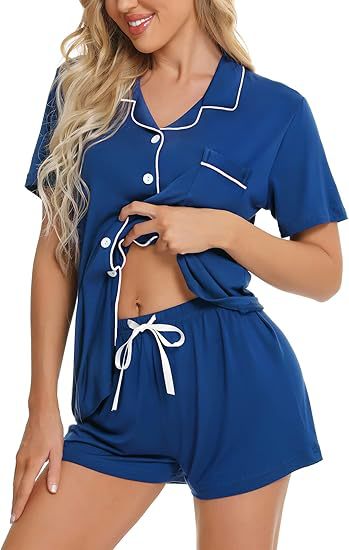 Women's Lapel Collar Loungewear Set - Short Sleeve Top and Shorts Pyjamas, Navy, Pink or Peach, XS-3XL - Amora
