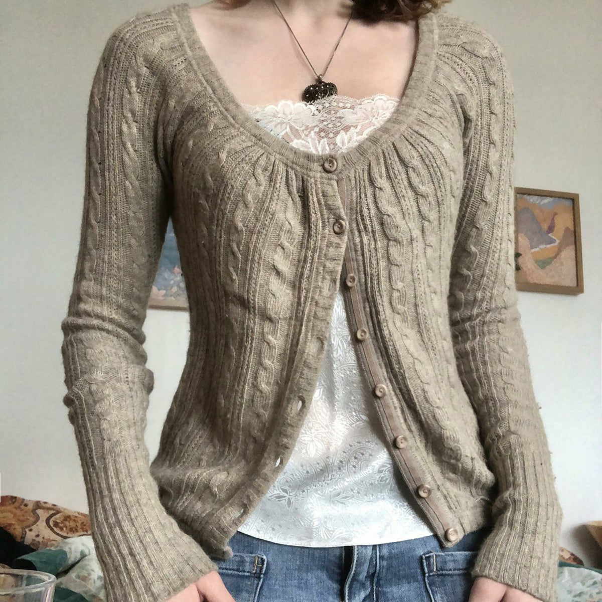 Women's Twist Knit Button Cardigan - Slim Fit U-Neck Sweater, Khaki, S-M - Amora