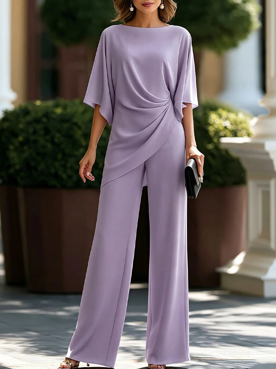 Women's Two Piece Set - Drop Waist Shirt and Wide Leg Trousers, Nine Colours, S-4XL - Amora