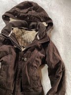 Women's Hooded Faux Fur Collar Jacket - Retro Waist-Cinching Short Winter Coat, Brown, S-XL - Amora