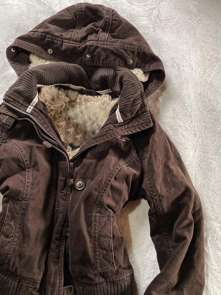Women's Hooded Faux Fur Collar Jacket - Retro Waist-Cinching Short Winter Coat, Brown, S-XL - Amora
