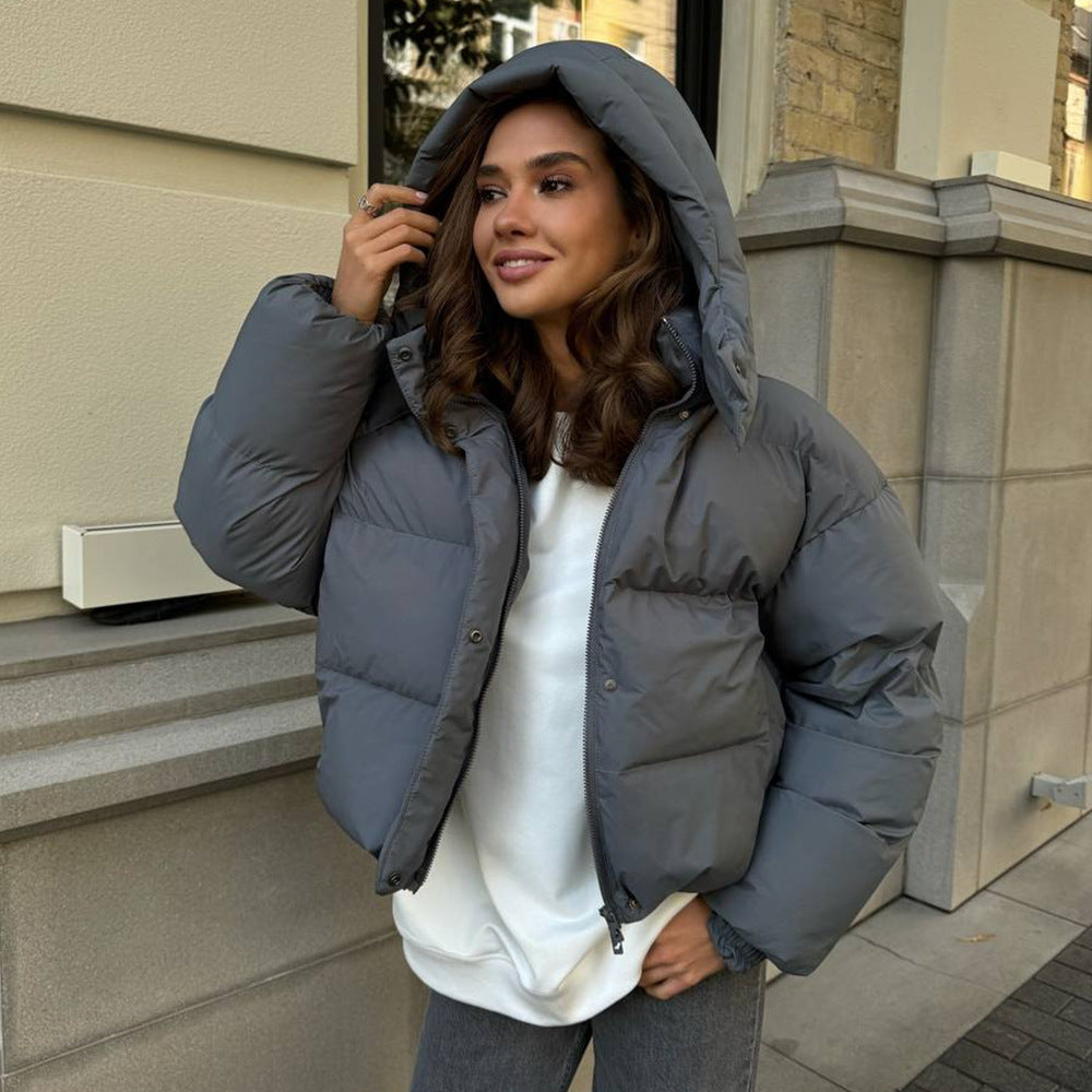 Women's Hooded Padded Jacket - Thick Zip-Up Winter Puffer Coat, Black or Dark Grey, S-L - Amora