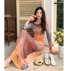 Women's Tie-Dye Mesh Maxi Dress - Long Sleeve Elastic Waist Printed Dress, Orange, S-XL - Amora
