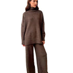 Women's High Neck Wool Blend Sweater - Loose Fit Chunky Knit Pullover, Camel, Coffee & Green, S-XXL - Amora