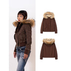 Women's Faux Fur Collar Hooded Jacket - Workwear Style Zip-Up Winter Coat, Dark Brown, S-L - Amora