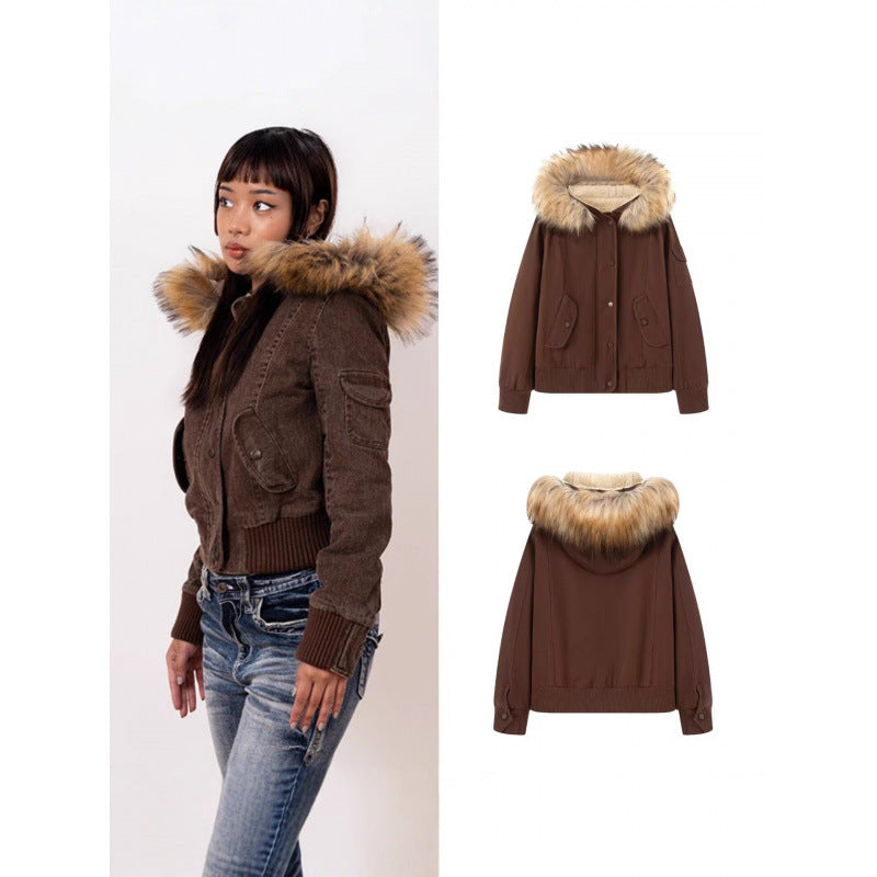 Women's Faux Fur Collar Hooded Jacket - Workwear Style Zip-Up Winter Coat, Dark Brown, S-L - Amora
