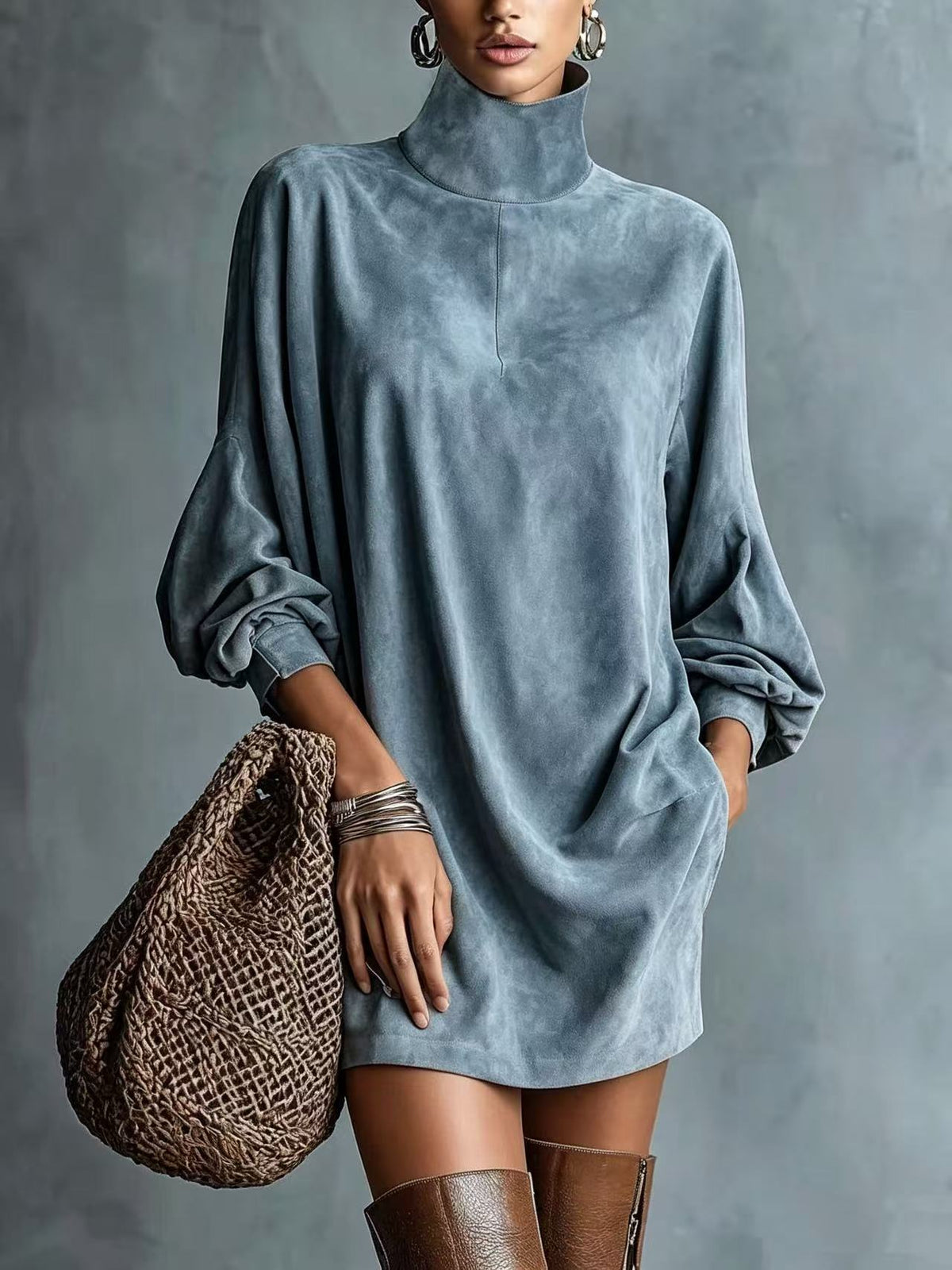 Women's Faux Suede A-Line Dress - Retro Long Sleeve Short Dress, Eight Colours, S-3XL - Amora