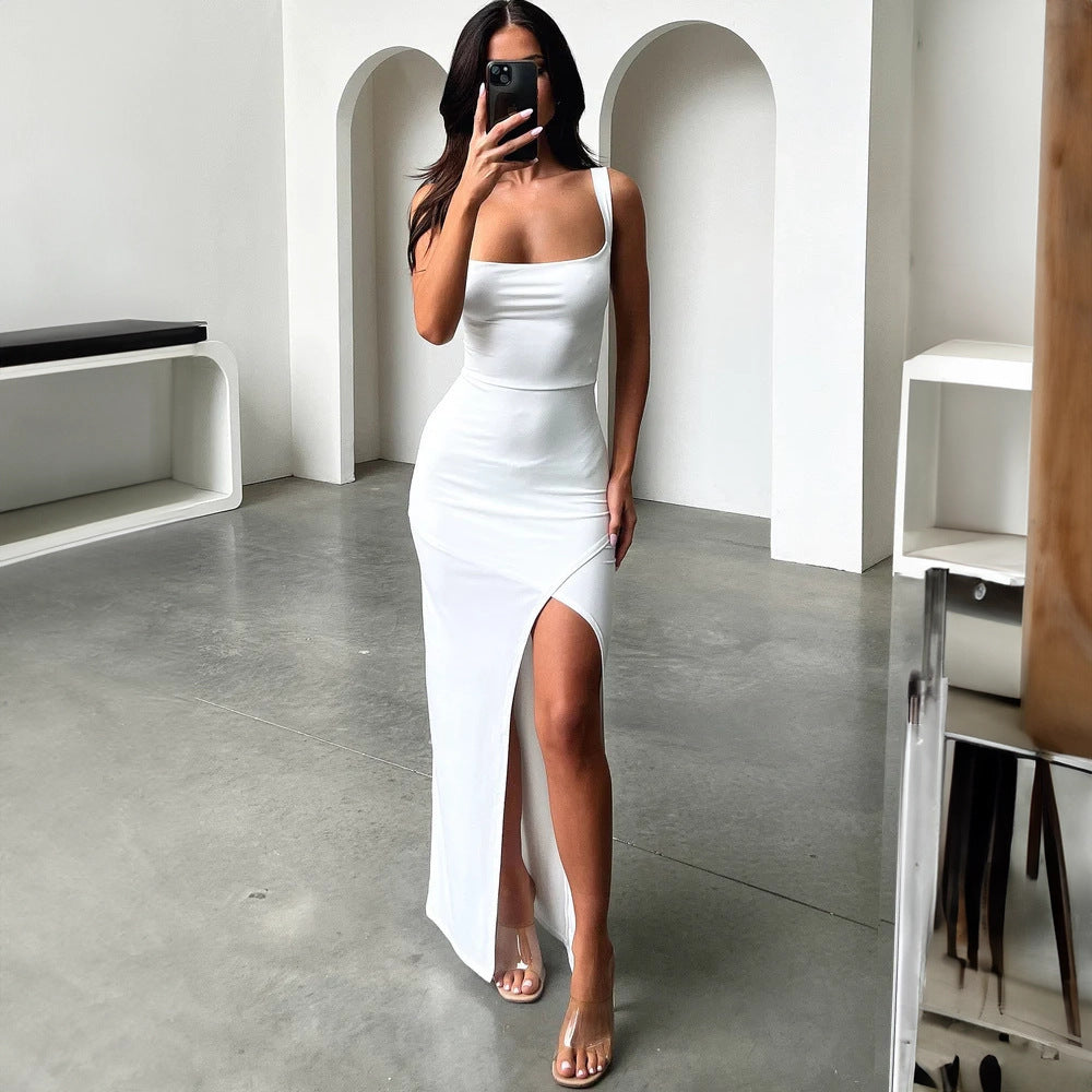Women's Slit Slip Dress - Sleeveless Open Back Pencil Maxi Dress, Black, White, Pink or Blue, XS-XL - Amora