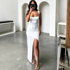 Women's Slit Slip Dress - Sleeveless Open Back Pencil Maxi Dress, Black, White, Pink or Blue, XS-XL - Amora