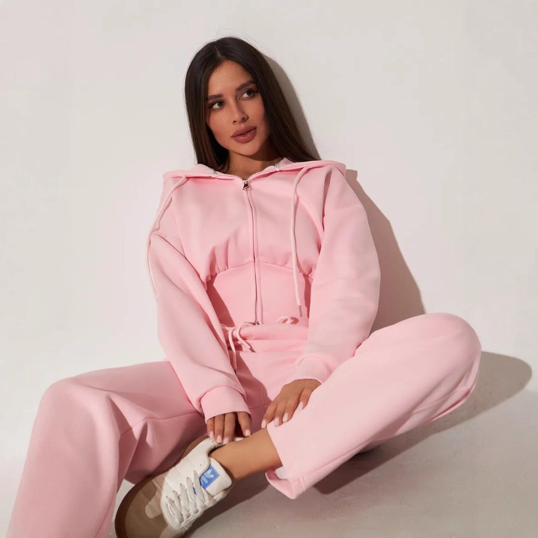 Women's Zip-Up Hoodie and Wide Leg Trouser Set - Drawstring Waist Loungewear, Four Colours, S-XL - Amora