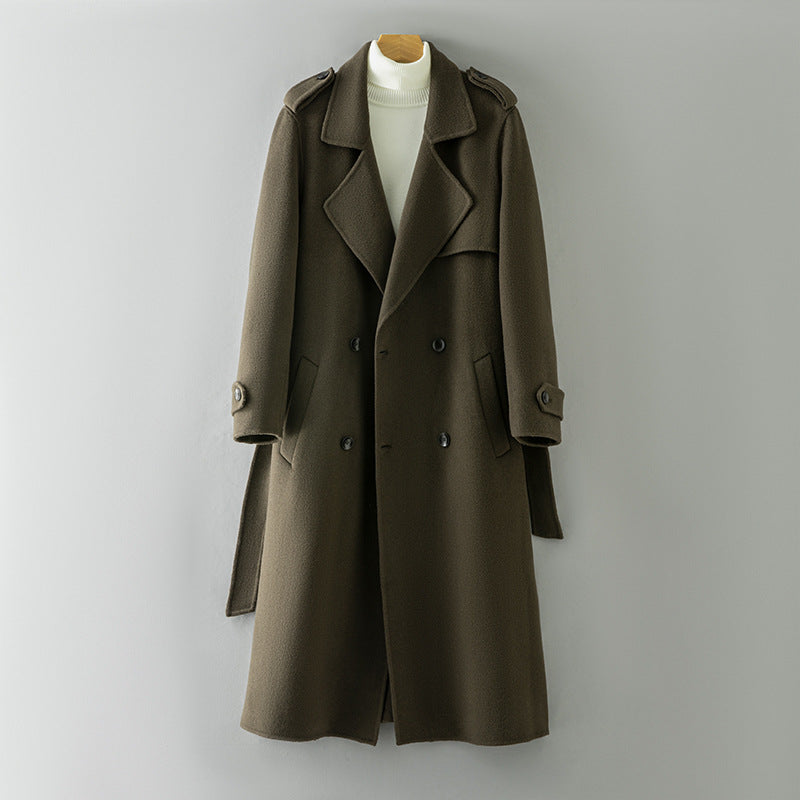 Wool Coat - Double-Breasted Reversible Longline Overcoat, Black or Olive Green, L-4XL - Amora