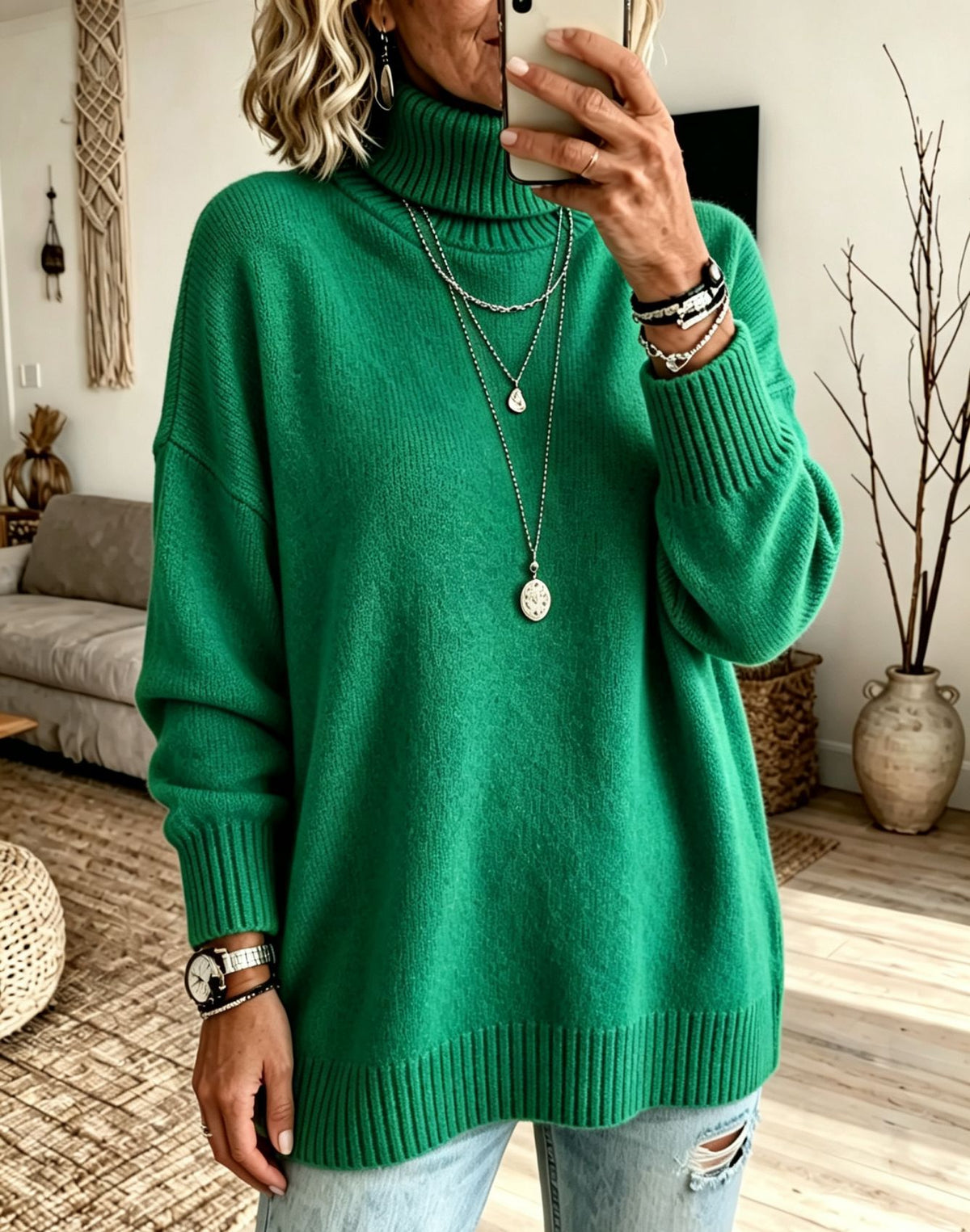Women's High Neck Knit Sweater - Thick Loose Fit Pullover, Black, Grey & Emerald, S-3XL - Amora