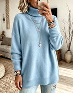 Women's High Neck Knit Sweater - Thick Loose Fit Pullover, Black, Grey & Emerald, S-3XL - Amora