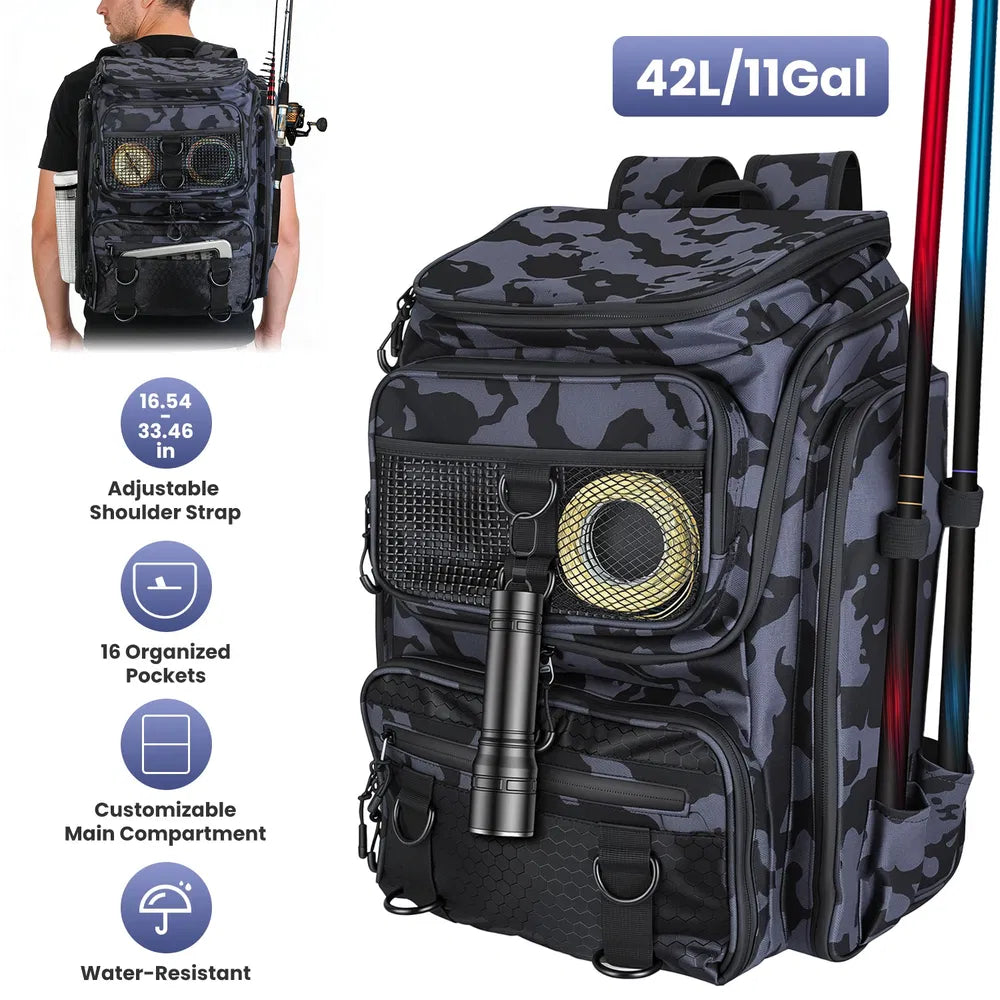 42L&11Gal Fishing Backpack Large Capacity Fishing Tackle Storage Bag with Rod Holders 16-Pocket Water-Resistant with Divider Adjustable Padded Straps for Fishing Gear Outdoor Camping Hiking