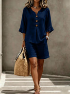 Women's Two Piece Set - Ruffle V-Neck Top and Shorts, Nine Colours, S-3XL - Amora