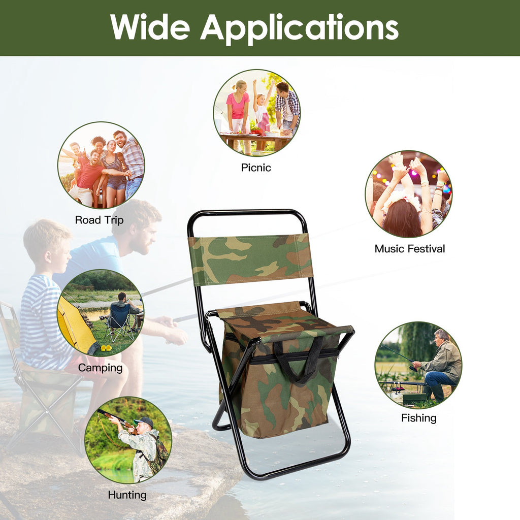 Foldable Fishing Chair with Backrest Built-In Cooler Bag Portable Handle Outdoor Lightweight Fishing Stool for Camping Hiking Hunting