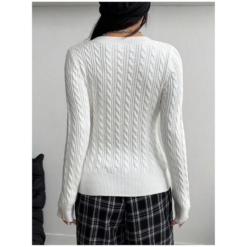 Women's Cable Knit V-Neck Sweater - Slim Fit Pullover, Soft Textured Knit, Black, White & Grey, S-XL - Amora
