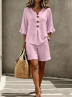 Women's Two Piece Set - Ruffle V-Neck Top and Shorts, Nine Colours, S-3XL - Amora