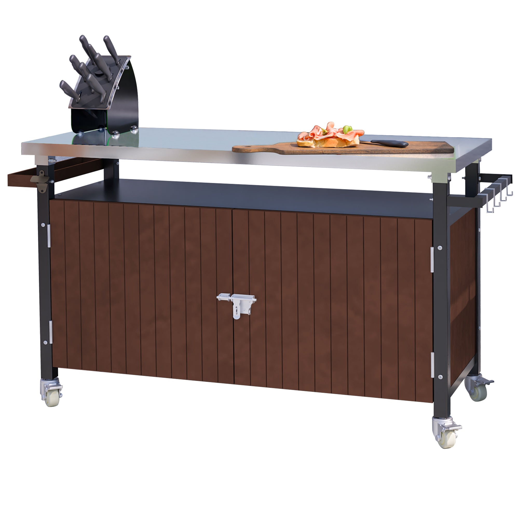 Outdoor Grill Cart with Stainless Steel Tabletop, Storage, Patio Kitchen Island with Wheels, Hooks, and Spice Rack, Waterproof Outdoor Grill Table, Movable BBQ Serving Cart Rolling Bar Cart