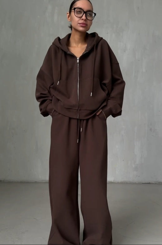 Women's Hooded Zip-Up Tracksuit Set - Loose Fit Cotton Blend Hoodie and Trousers, Five Colours, S-L - Amora