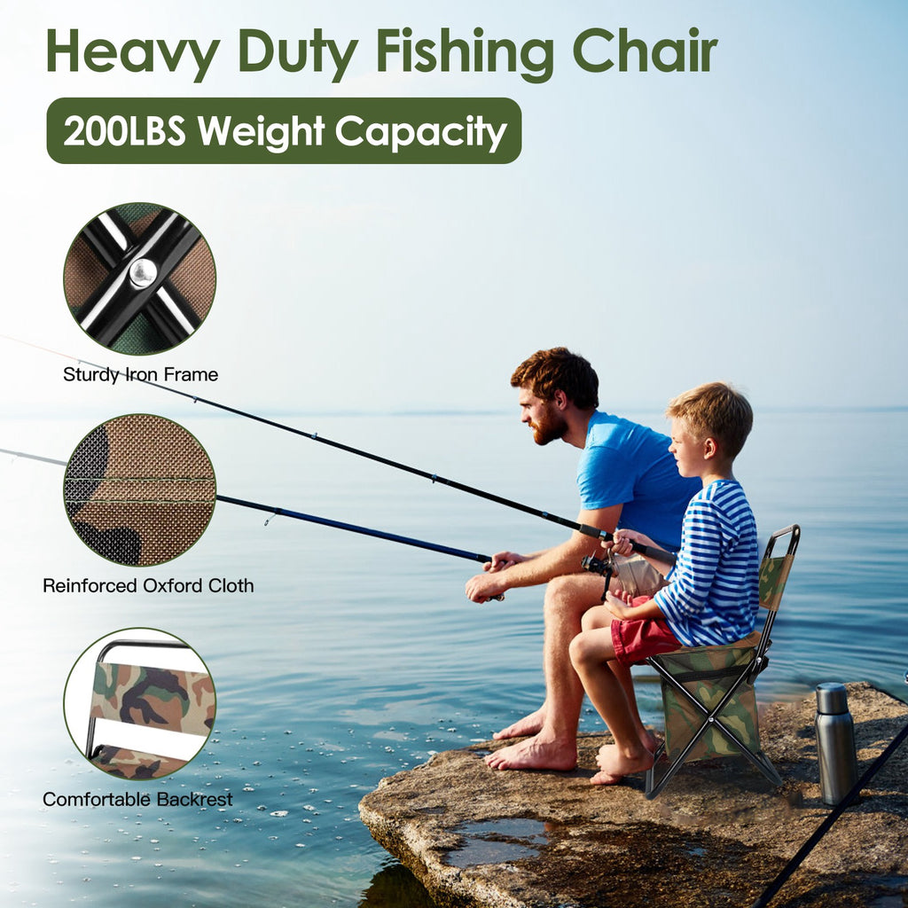 Foldable Fishing Chair with Backrest Built-In Cooler Bag Portable Handle Outdoor Lightweight Fishing Stool for Camping Hiking Hunting