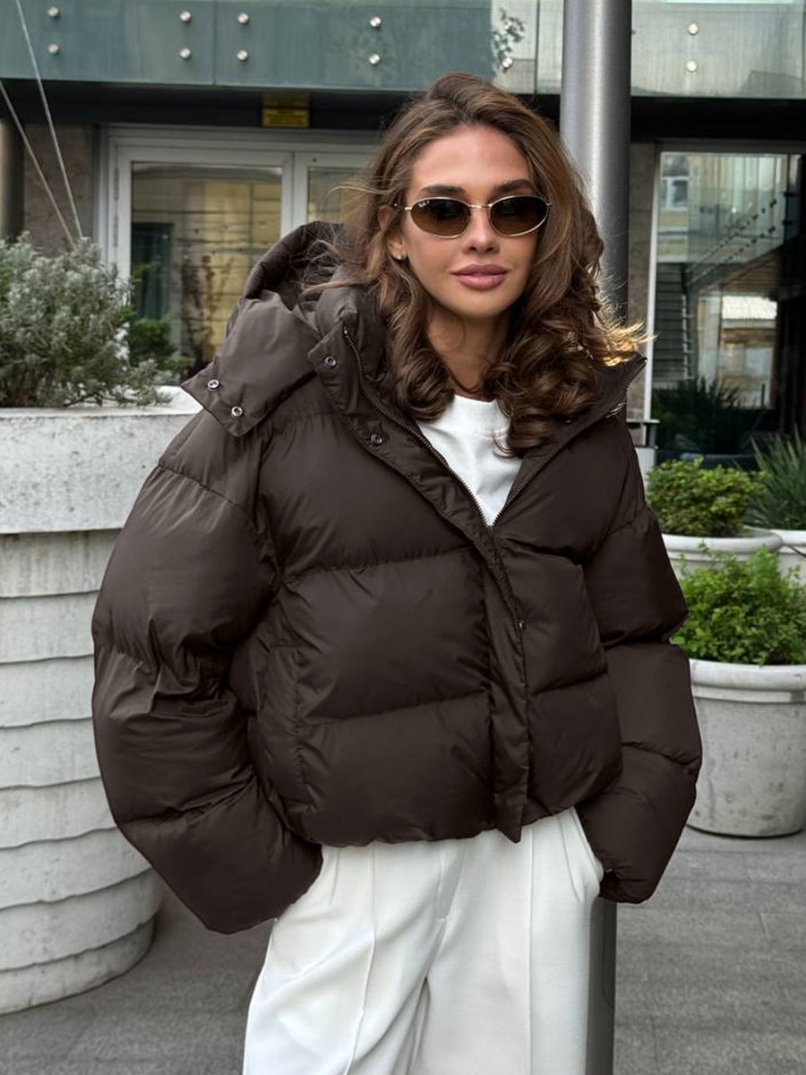 Women's Hooded Padded Jacket - Thick Zip-Up Winter Puffer Coat, Black or Dark Grey, S-L - Amora