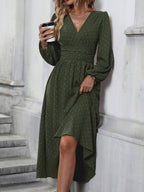 Women's Lantern Sleeve Maxi Dress - Pleated Waist V-Neck Dress with Pom Detail, Burgundy, Navy or Black, S-XXL - Amora
