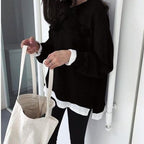 Women's Fleece-Lined Knit Sweater - Faux Two-Piece Layered Pullover, Loose Fit, Black, Wine Red or Grey - Amora