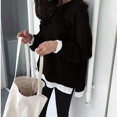 Women's Fleece-Lined Knit Sweater - Faux Two-Piece Layered Pullover, Loose Fit, Black, Wine Red or Grey - Amora
