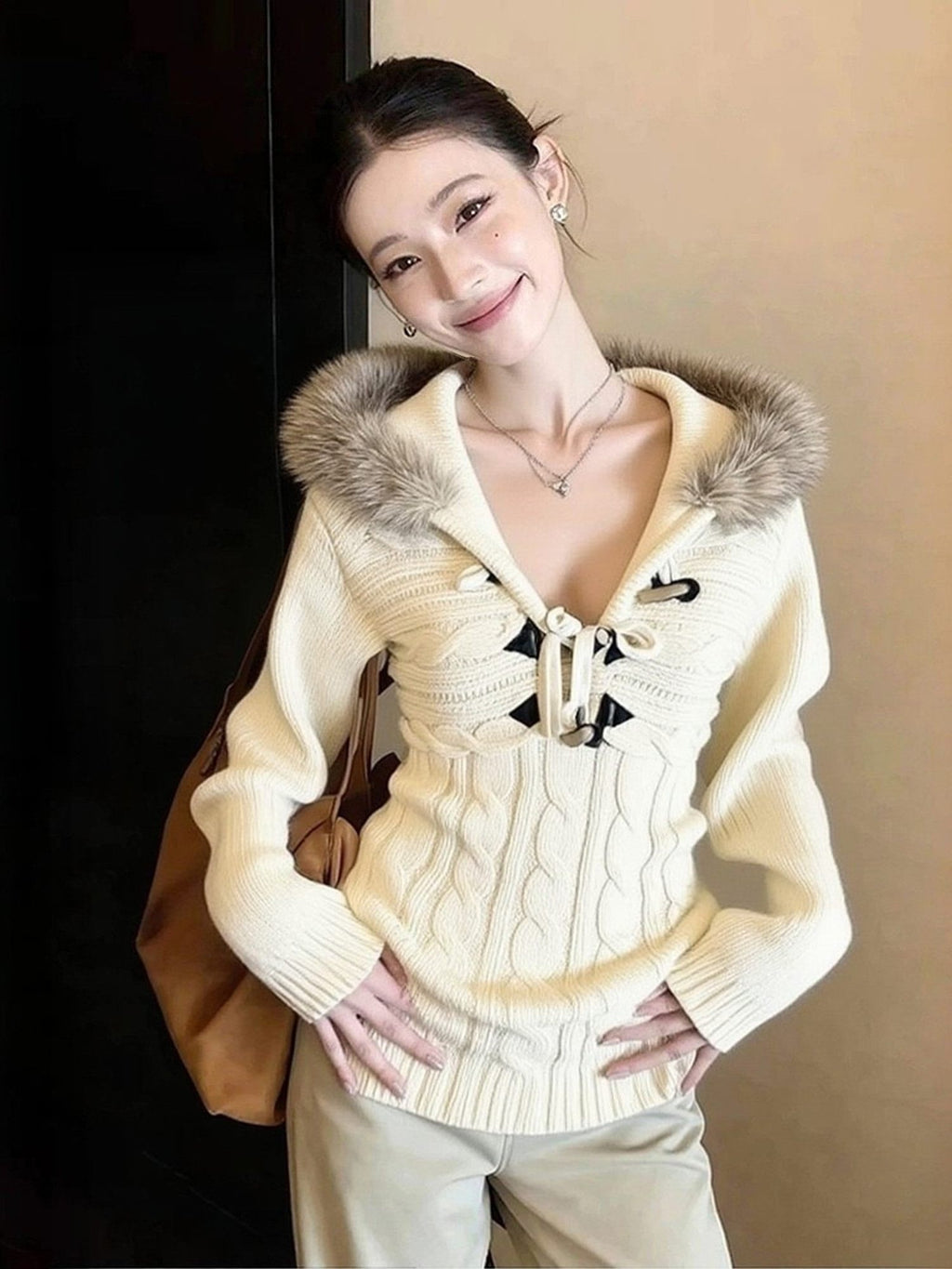 Women's Hooded Knit Sweater - Retro Waist-Cinching Stretch Knit Pullover, Off-White, S-XL - Amora