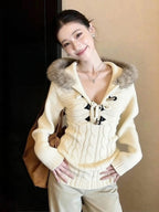 Women's Hooded Knit Sweater - Retro Waist-Cinching Stretch Knit Pullover, Off-White, S-XL - Amora