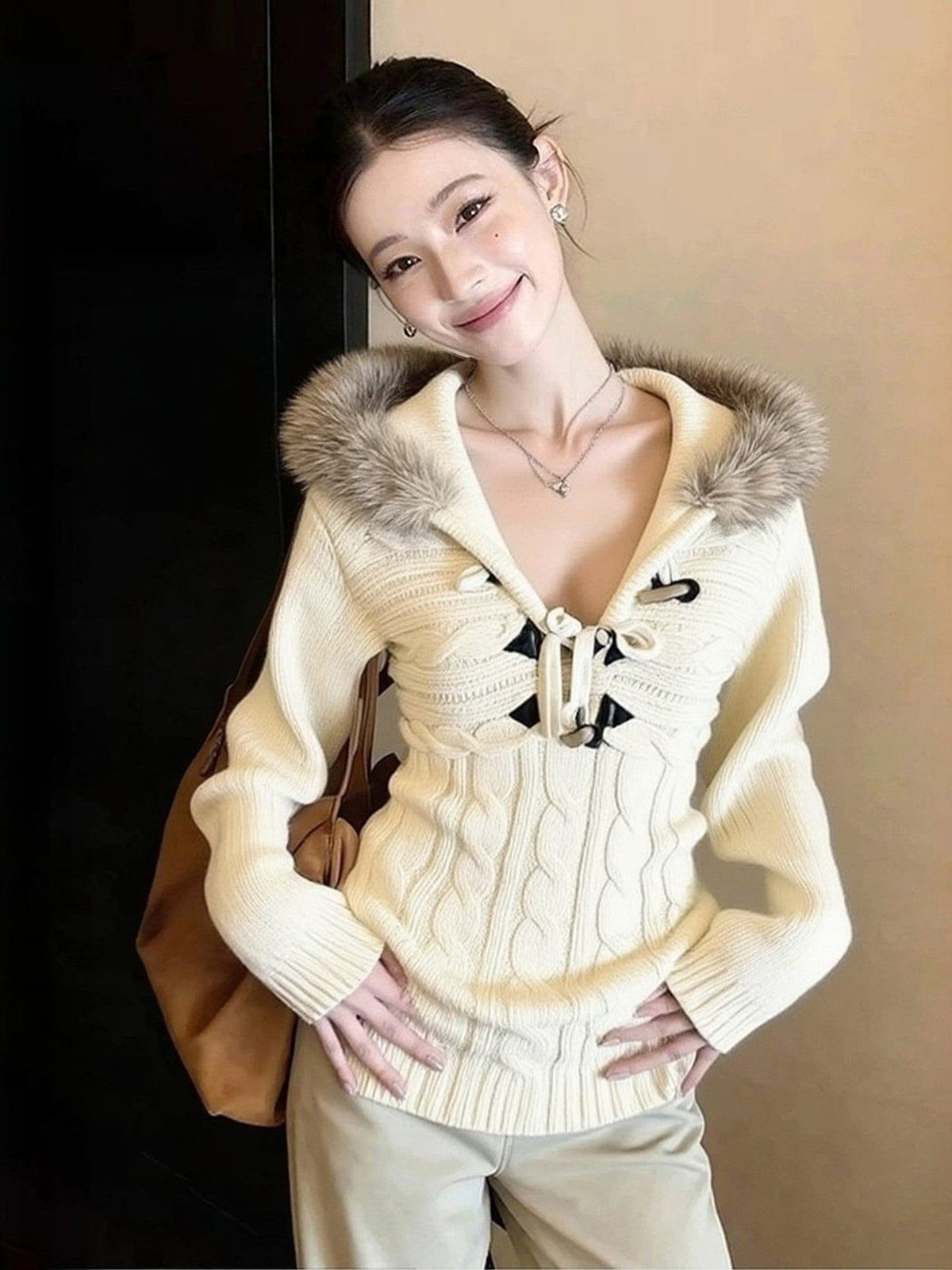 Women's Hooded Knit Sweater - Retro Waist-Cinching Stretch Knit Pullover, Off-White, S-XL - Amora