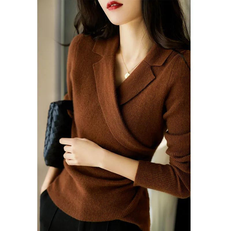 Women's Slim Fit Knit Sweater - Cropped Suit Collar Pullover, Soft Polyester Blend, One Size - Amora