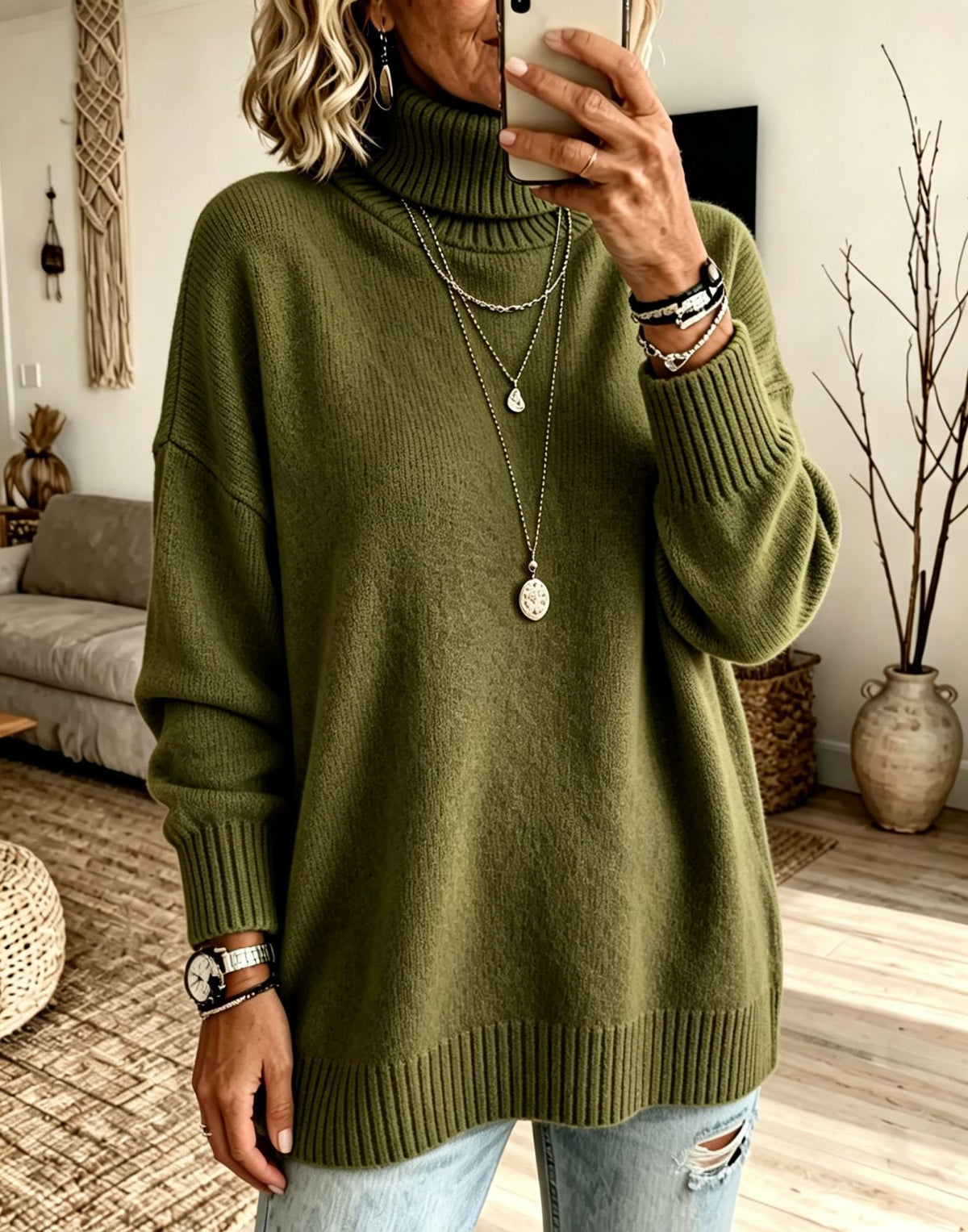 Women's High Neck Knit Sweater - Thick Loose Fit Pullover, Black, Grey & Emerald, S-3XL - Amora