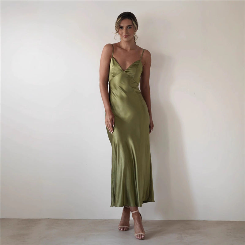 Women's Satin Slip Dress - Backless Strappy Maxi Dress, Light Blue, Pink, Yellow or Olive, S-XL - Amora