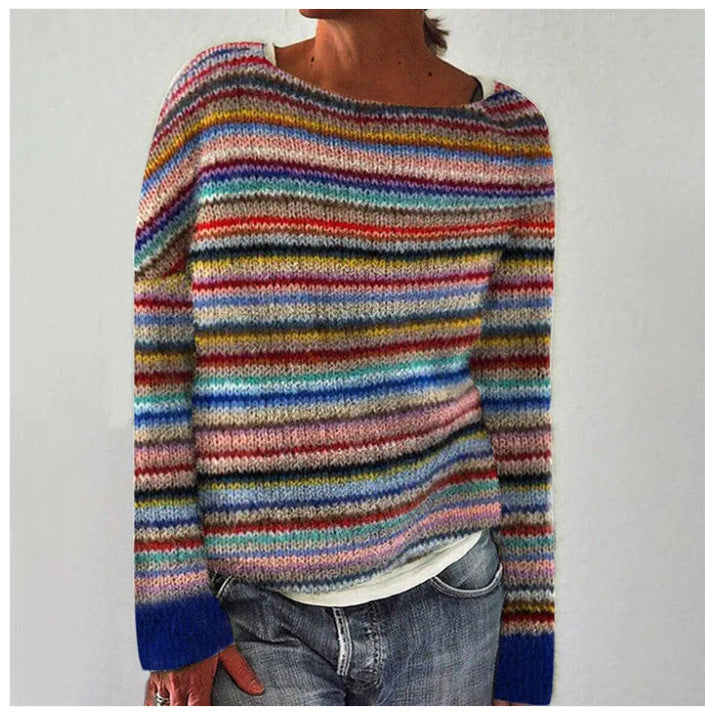 Women's Colourblock Jacquard Knit Sweater - Geometric Pattern Round Neck Pullover, Loose Fit, S-5XL - Amora