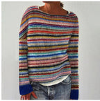 Women's Colourblock Jacquard Knit Sweater - Geometric Pattern Round Neck Pullover, Loose Fit, S-5XL - Amora